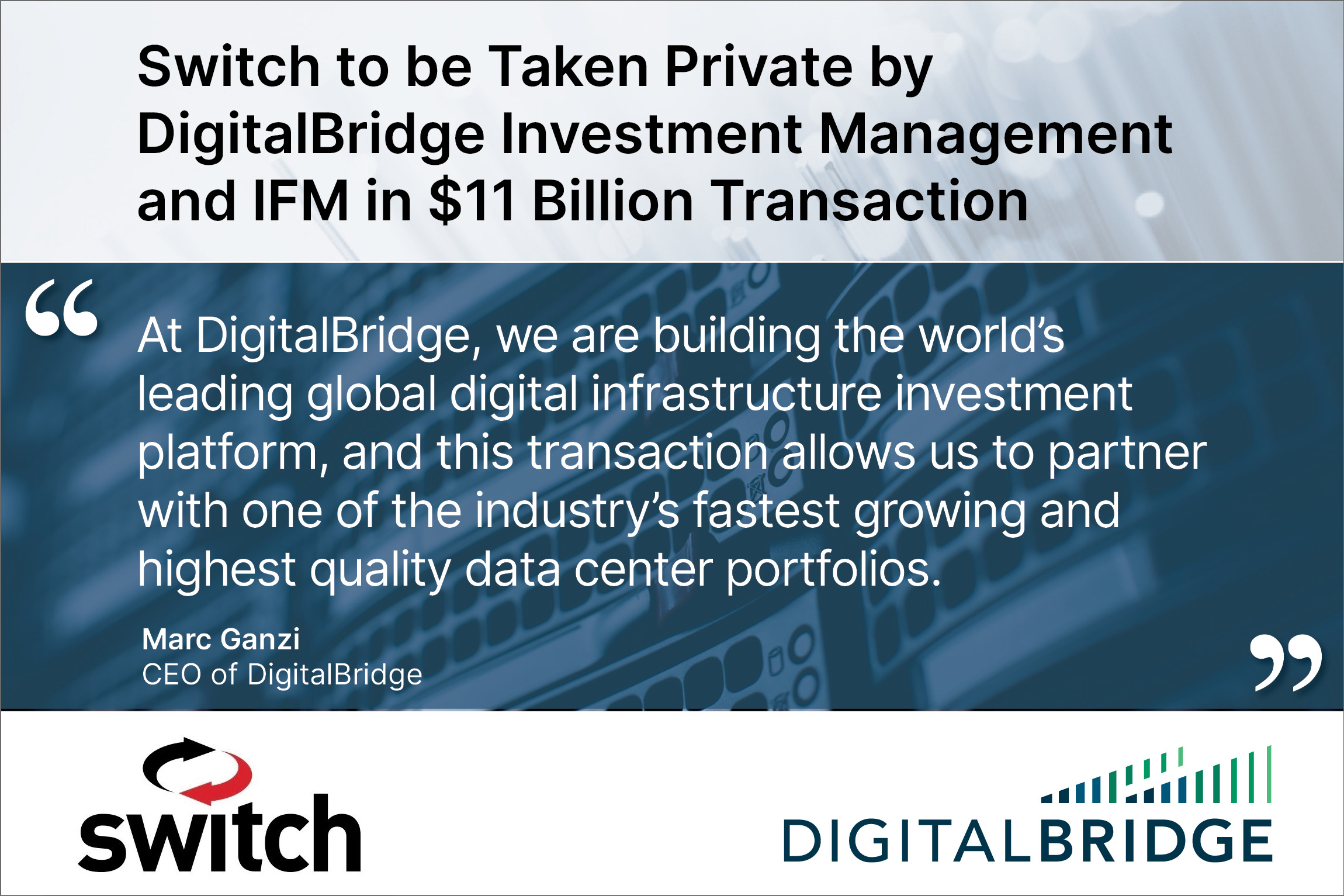 Photo of Switch to be Taken Private by DigitalBridge Investment Management and IFM in $11 Billion Transaction